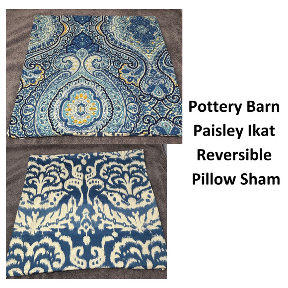 Pottery Barn Pillow Cover Sham Throw Beale Paisley Ikat Reversible Blue 18x18 - Picture 1 of 5